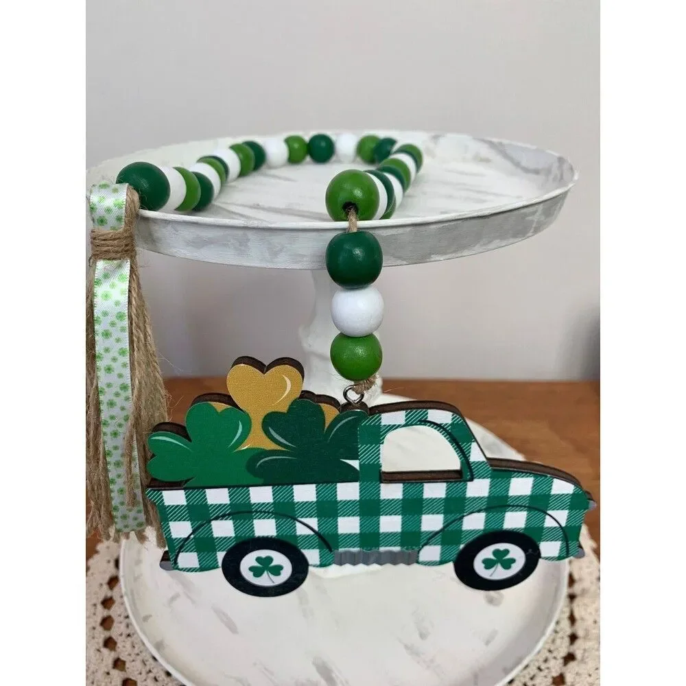 St Patrick’s Day Truck Tiered Tray Decor, St Patrick’s Day Beaded Garland Decor